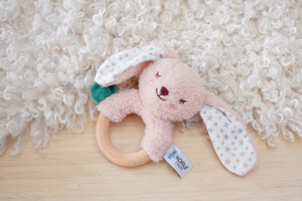 Koala Dream Snuggle Buddy Berry Bunny Wooden Ring Rattle, a cherished companion for your little one.